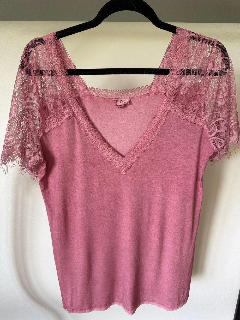 POL Pink Lace Shoulder V-Neck Tee